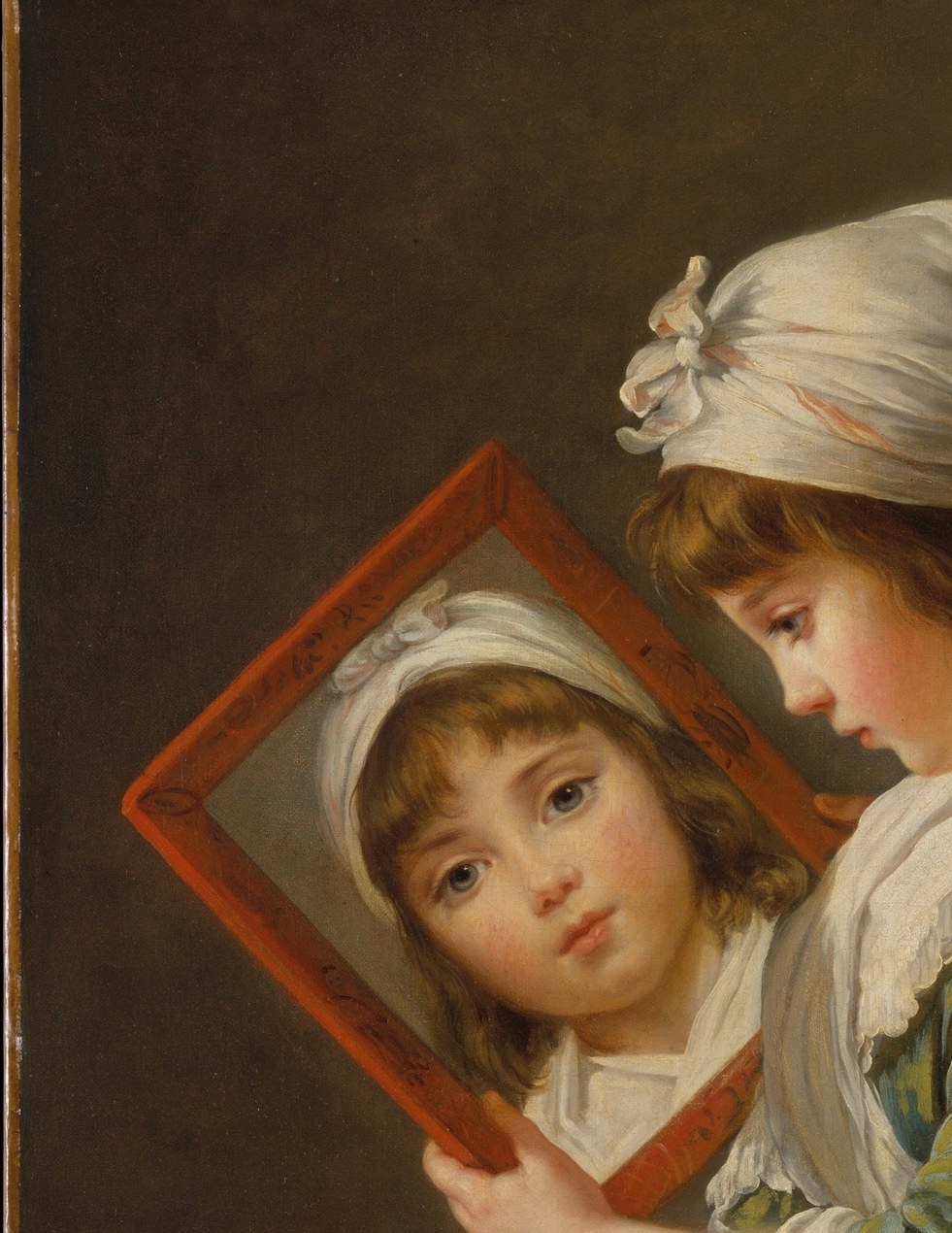 The warm red frame is the painting's boldest graphic element; it creates a picture-within-a-picture and symbolizes the Rococo fascination with reflection, artifice, and self-regard.