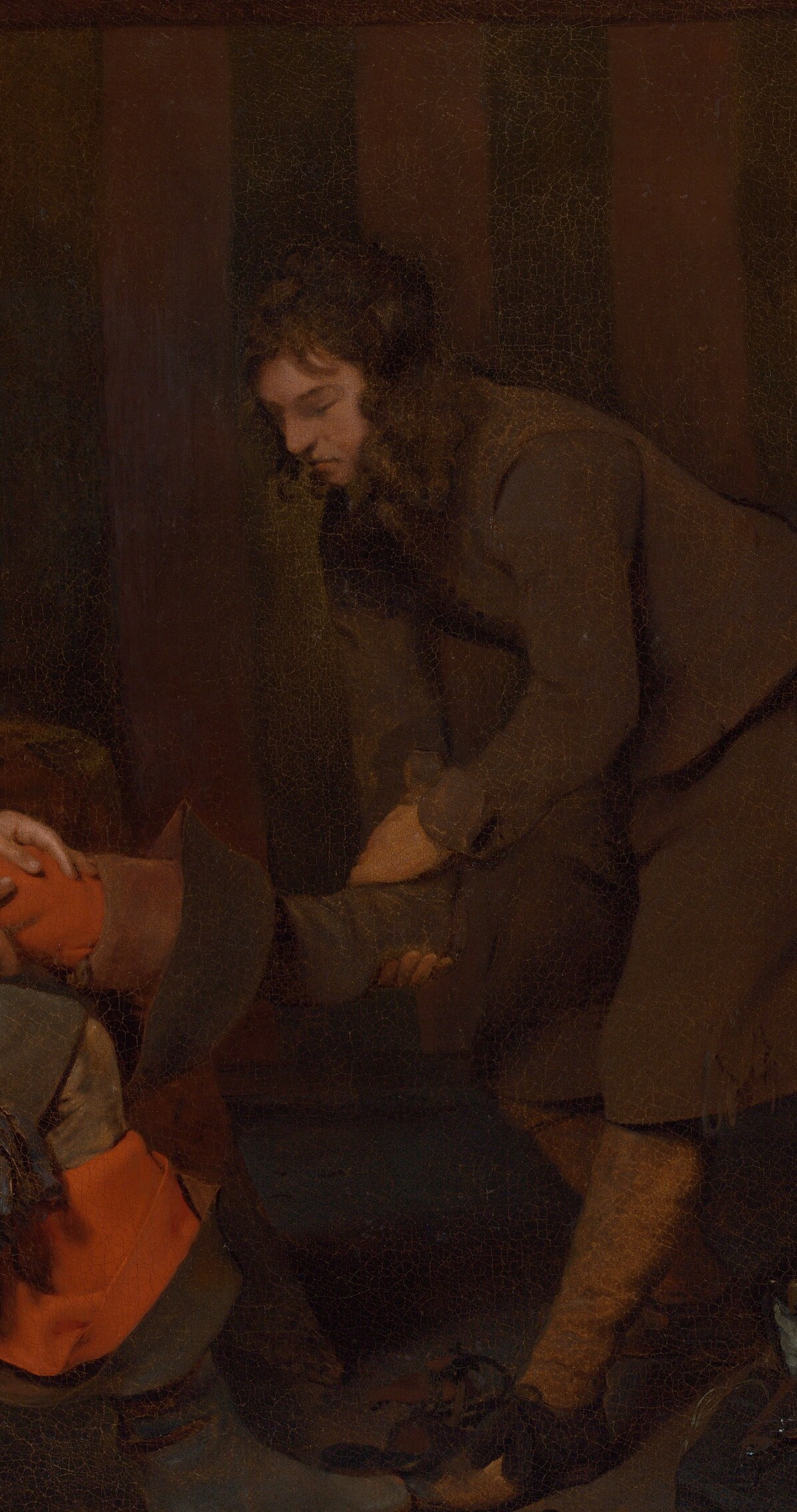 A young valet attends him, holding a white cloth.