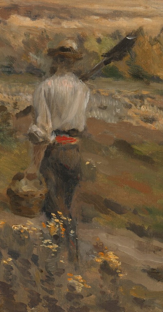 A lone figure walks toward a humble homestead.
