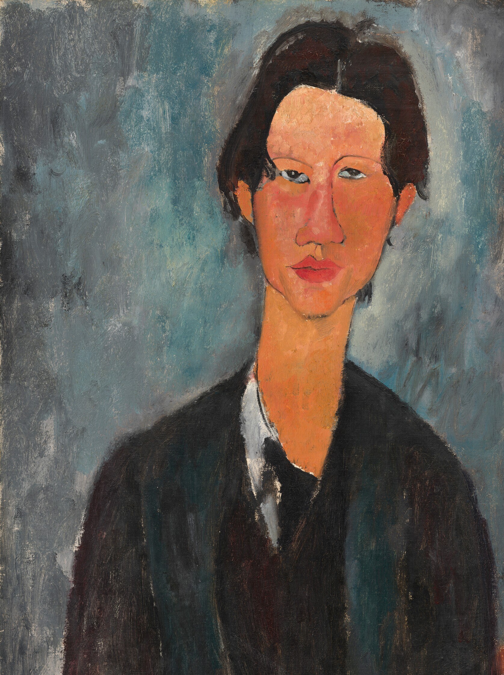 The background shifts between blue, green-gray and off-white in loose, visible brushstrokes; it is not neutral but actively shaped, creating a shallow spatial envelope that traps the sitter.