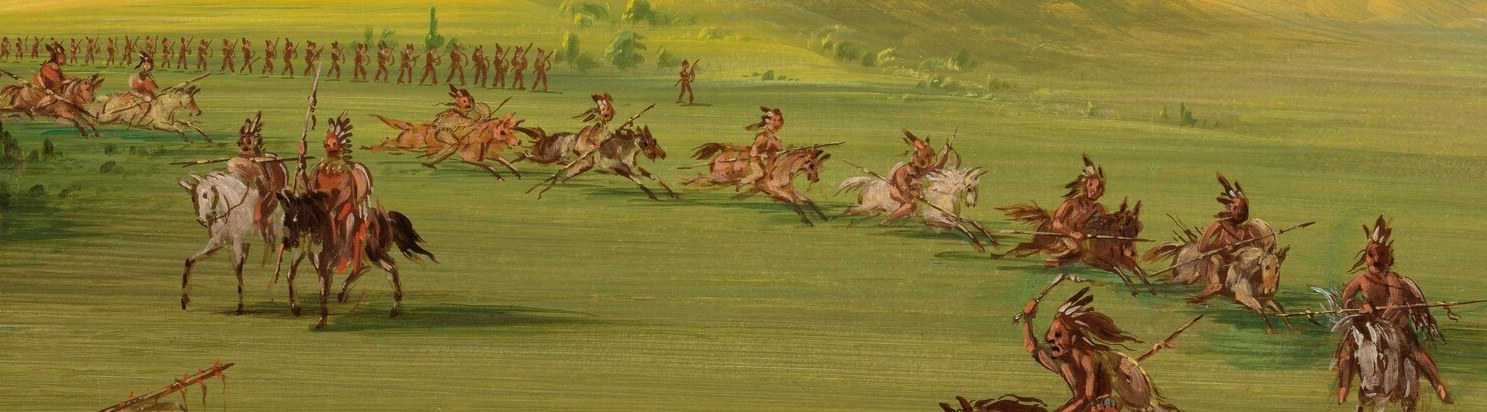 Another line of horses and riders stretches across the prairie.