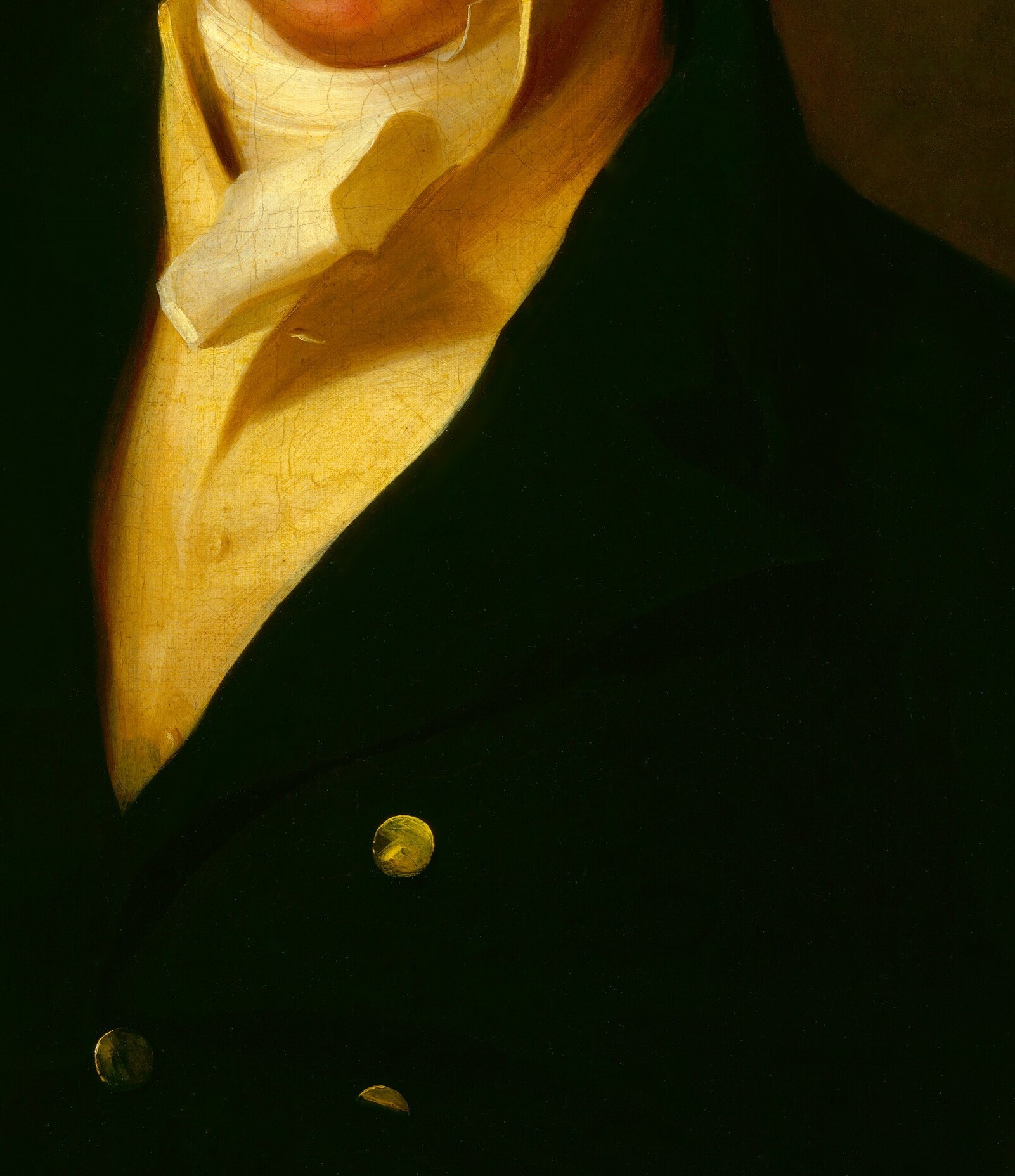 The dark, voluminous coat frames the sitter and emphasizes the use of chiaroscuro, with subtle highlights on the fabric.