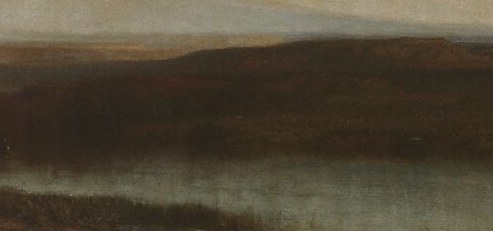 The river's horizontal stillness counterbalances the vertical peaks; its surface catches the amber horizon glow, creating the painting's brightest warm passage and a sense of serene vastness.