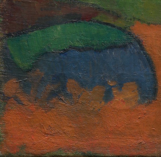 These abstract forms, rendered in deep blues and greens, add depth and a sense of groundedness to the composition.