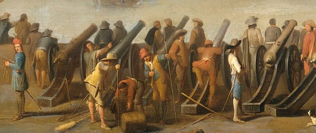 Laborers load heavy cannons for the war at sea.