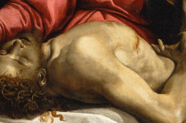 The pallid, death-still face with upturned chin is the emotional fulcrum of the composition; closed eyes and utter limpness make death legible in a single glance.