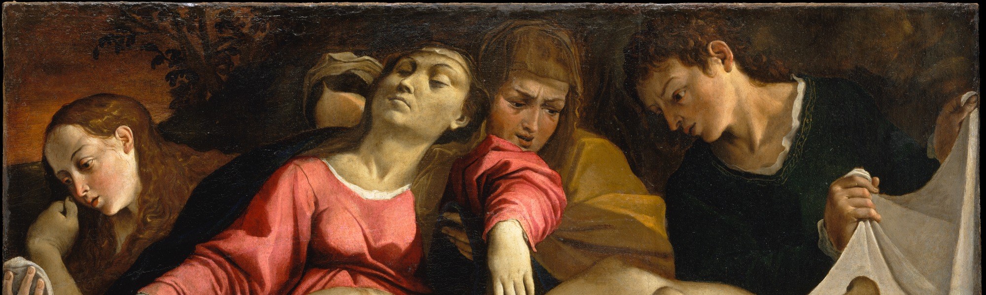 The extreme chiaroscuro compresses the mourning group into a tight theatrical spotlight and eliminates all setting , a Counter-Reformation strategy that forces the eye to stay inside the grief rather than read a landscape.