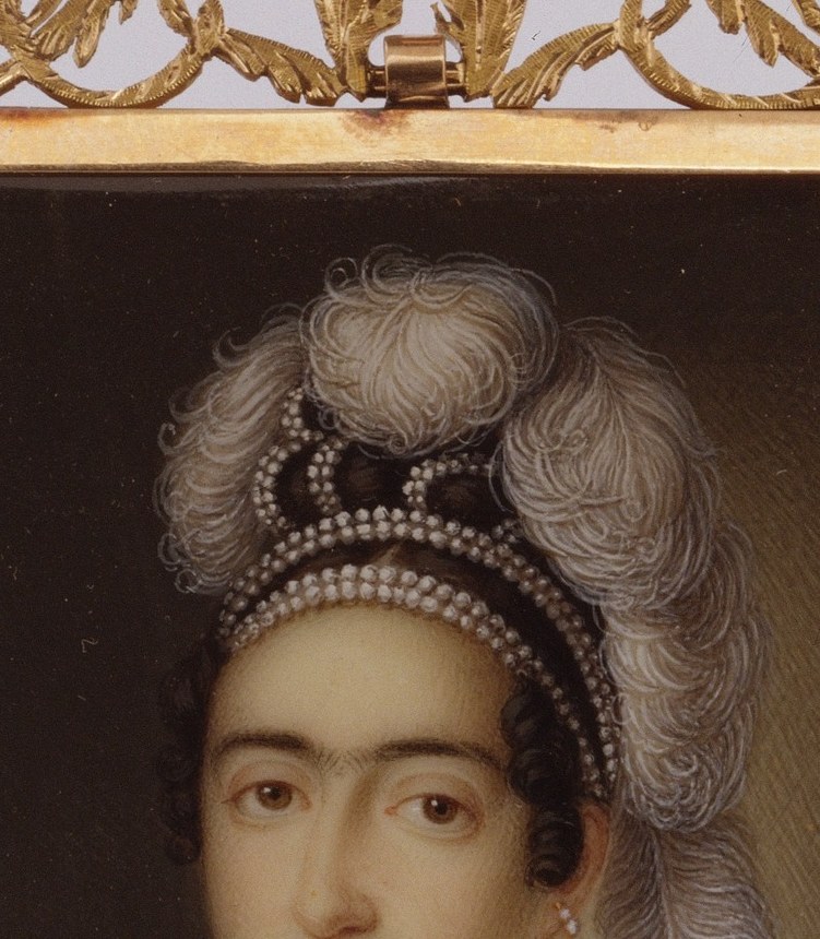 The compositional anchor , composed but emotionally present, her pale skin glowing against the dark ground in a way only ivory support achieves; the face encodes royal poise at an intimate, personal scale.