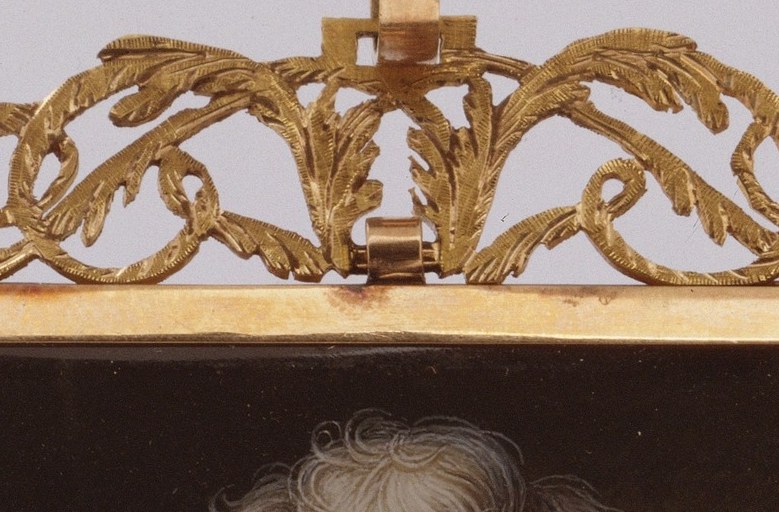 The extreme Empire-era hairstyle crowned with white plumes or lace signals 1818 court fashion at its most theatrical; its height nearly doubles the apparent size of the head and dominates the upper third of the composition.
