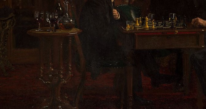 The literal and symbolic center of the painting , piece positions are specific enough that chess historians have analyzed the actual game state Eakins depicted.