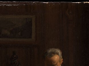 The artist's own father, placed centrally and elevated , his calm gaze over the game gives him a near-patriarchal authority in the composition.