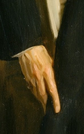 The rendering of his left hand shows age.