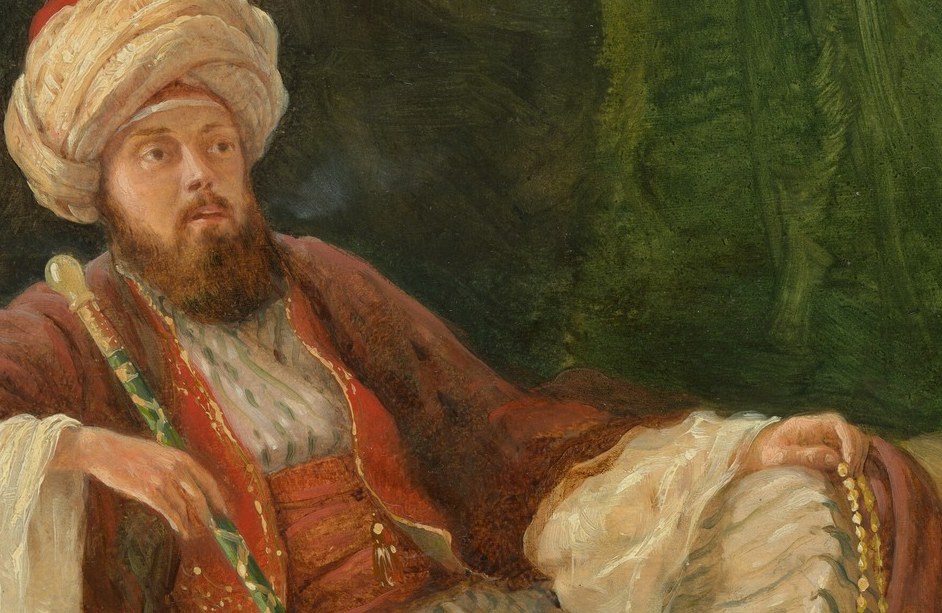 The juxtaposition of richly decorated red fabric against flowing white marks wealth and exoticism; the stitching detail rewards close examination.