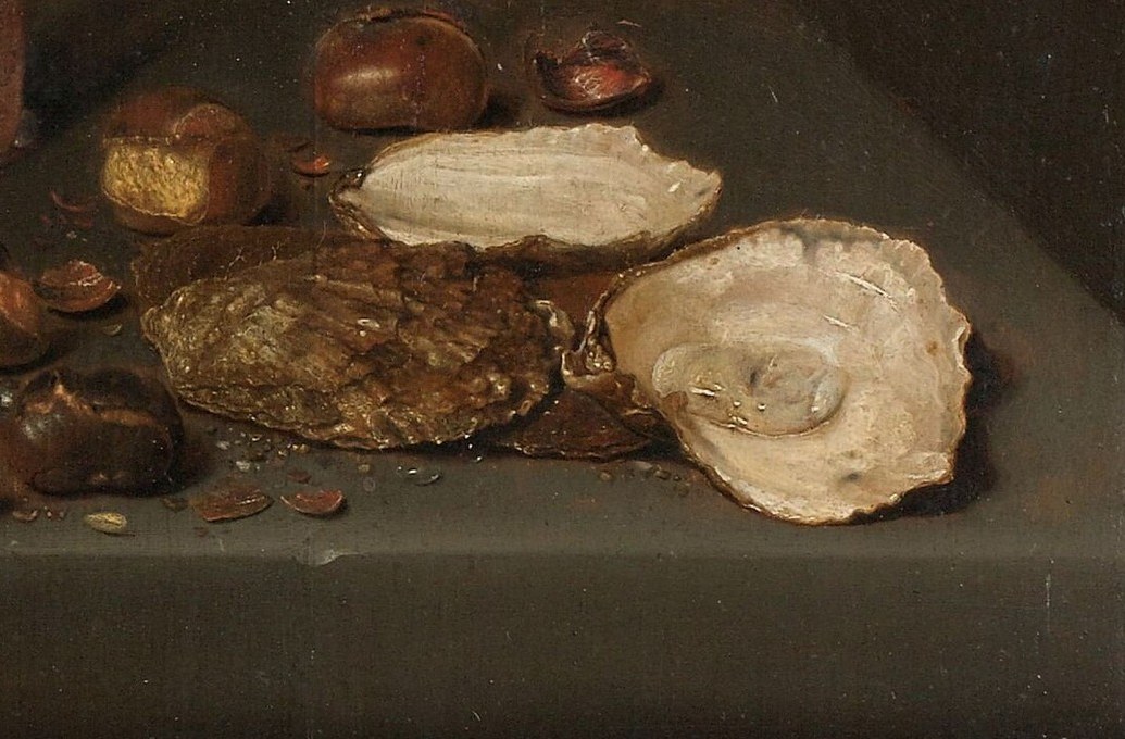 The oysters, a delicacy, hint at wealth and indulgence, but also the transience of life.