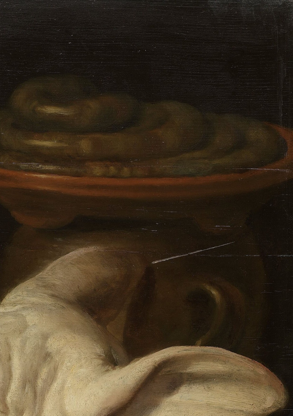 The darkness is not empty , traces of shelf or wall emerge on close inspection, typical of early Flemish/Dutch still-life depth tricks.