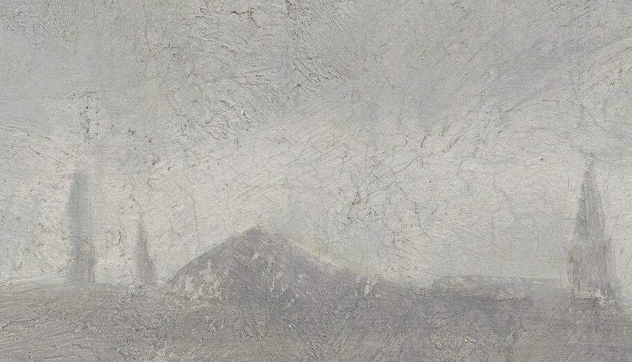These faint shapes suggest the urban landscape beyond the immediate industrial setting, adding depth and context to the view.