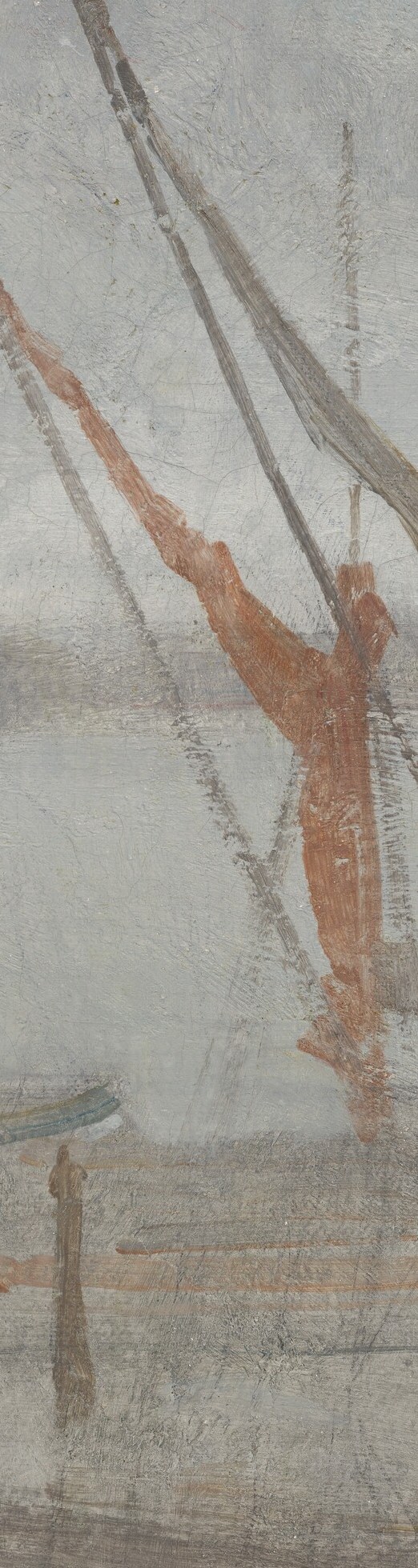 The strong vertical of the mast contrasts with the horizontal elements, anchoring the composition and hinting at the maritime nature of the scene.