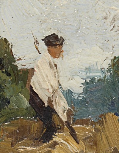 A worker pauses. Even his clothes are carved from heavy pigment.