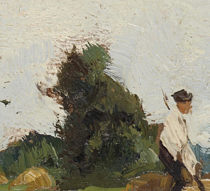 Its dense foliage contrasts with the open sky and field, adding depth to the landscape.