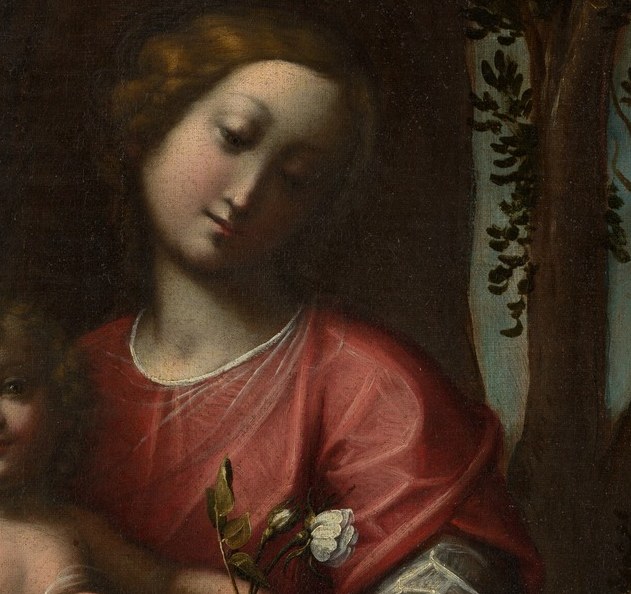 The child's upward glance creates a silent dialogue between mother and son, hinting at foreknowledge of his destiny.