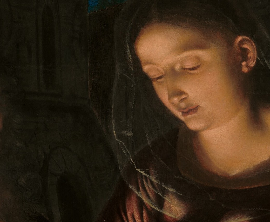 Her tender, slightly sorrowful tilt anticipates the Pietà; the soft nocturnal light catches her forehead and cheek while leaving her eyes in gentle shadow , intimate and devotional