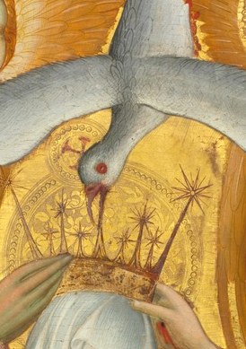 The Holy Spirit hovers above, a white dove.