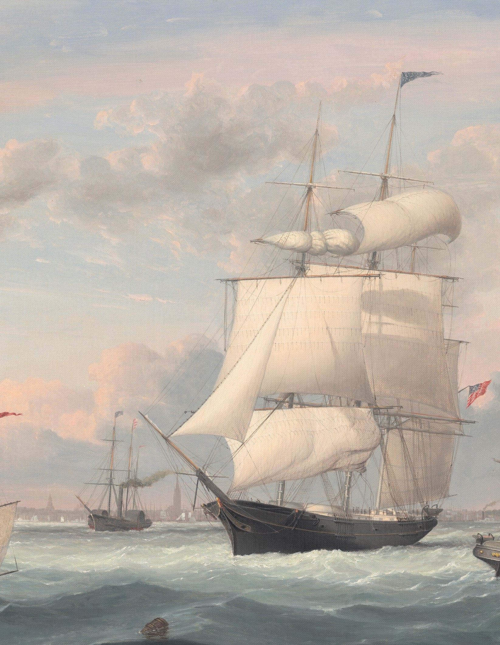The painting's protagonist , a massive square-rigged vessel under full sail anchors the composition; Lane uses it to assert mid-century American commercial power and to stage his luminous light effects on white canvas.