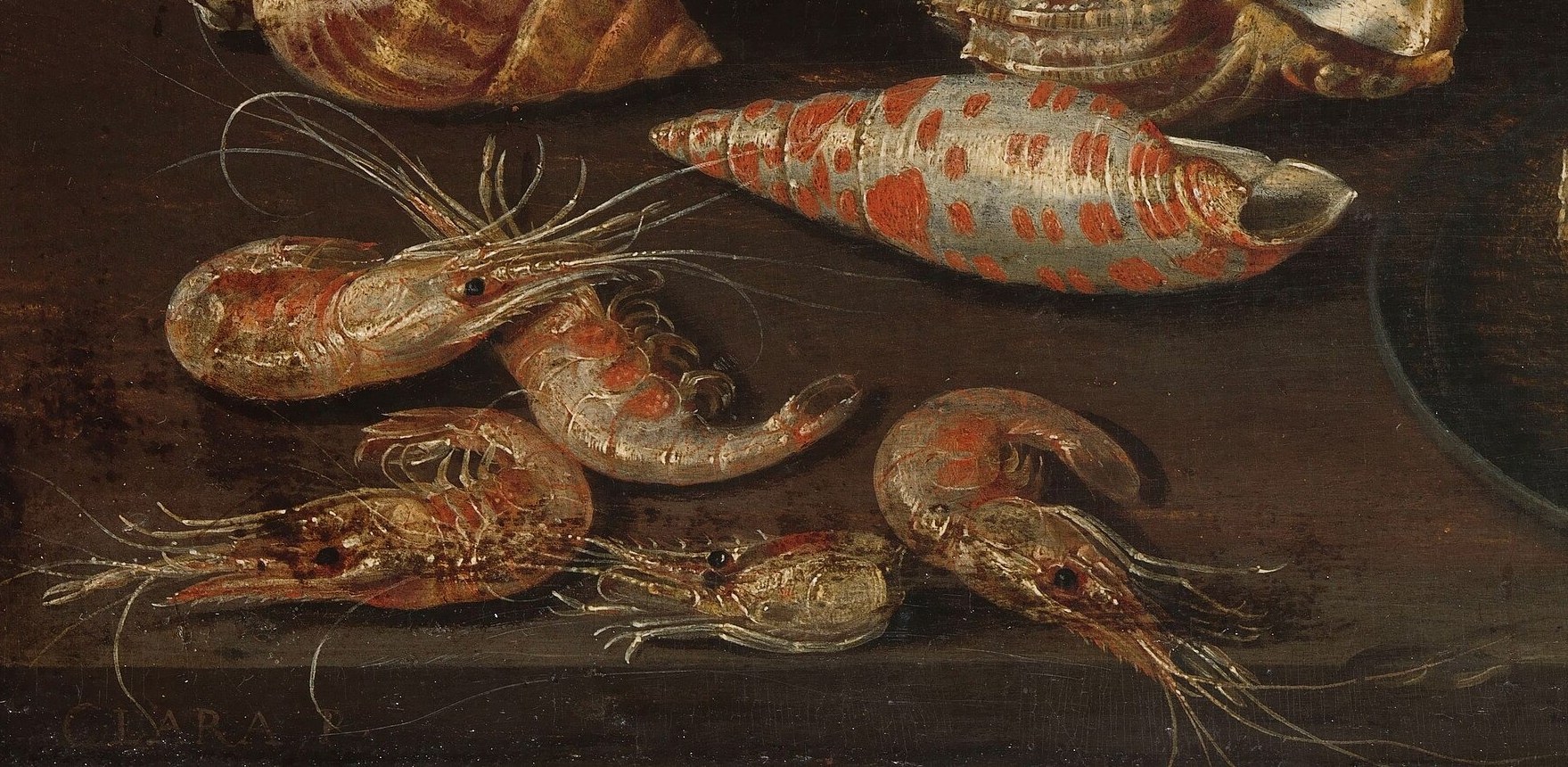 The delicate, translucent bodies of the shrimp highlight the artist's skill in rendering texture and detail.