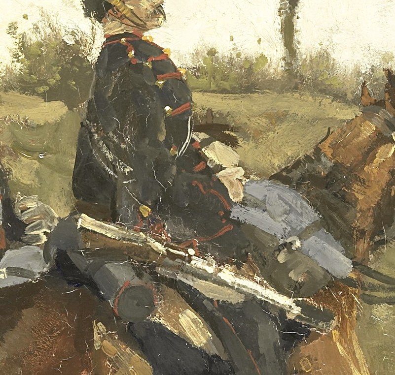 This figure is more prominent, and the details of his uniform, including the tall shako, are clearly visible.