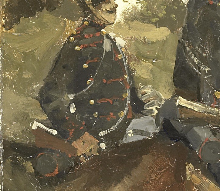 The vibrant red accents on the dark uniform suggest military regalia and add a striking visual contrast.