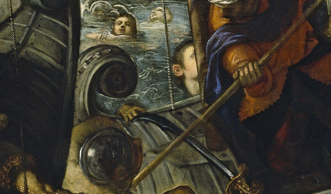 The rich red fabric and contorted pose emphasize the drama and struggle of the scene.
