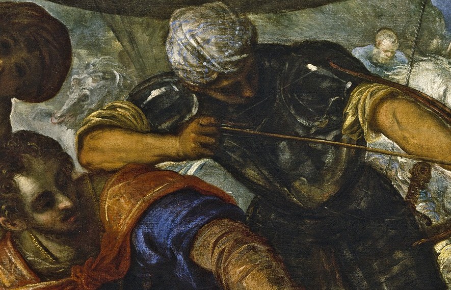 His taut muscles and focused gaze suggest the intensity of the battle.