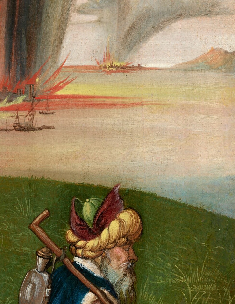 The city of Sodom burns in the distance.