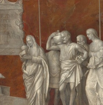 The moral crux of the scene; her drapery and posture signal both vulnerability and dignity , Scipio's virtue is only legible through her.
