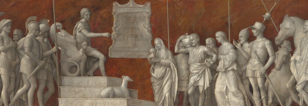 Bellini paints in grisaille to make oil on canvas look like ancient Roman marble relief , the medium itself argues these events belong to eternal, monumental history.