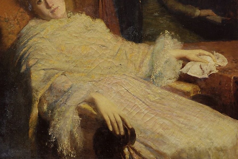 The voluminous, softly rendered fabric creates a sense of comfort and repose, contrasting with the implied emotional weight.