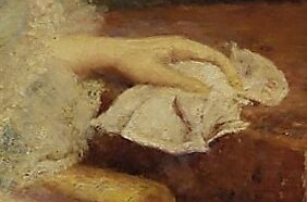 Her delicate gesture with the cloth hints at sadness or solace.