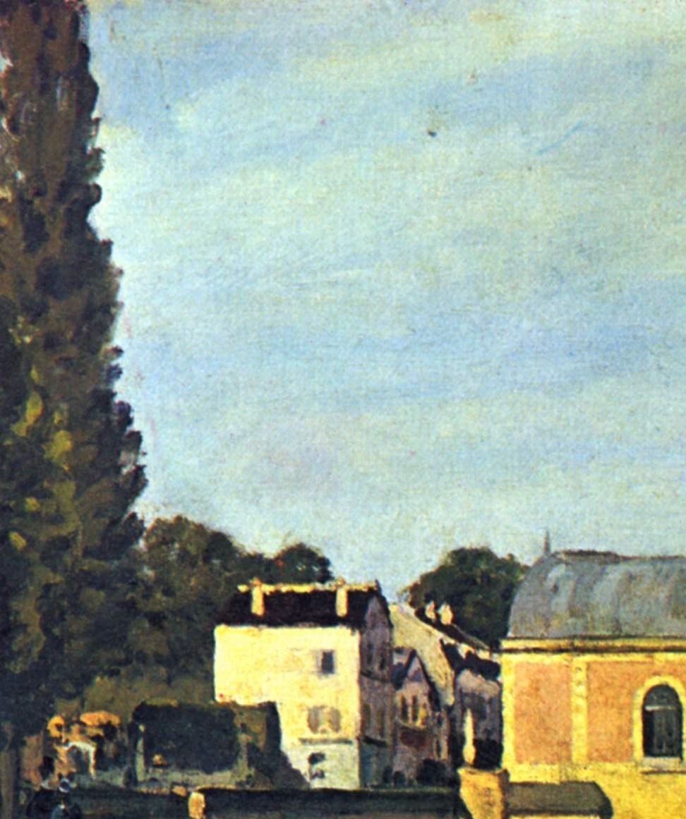 These trees frame the left side of the composition and provide a natural counterpoint to the industrial structure.