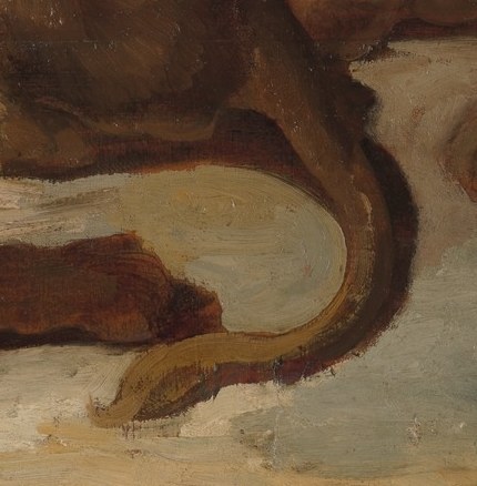 The dynamic curve of the tail adds a sense of movement and energy to the composition, even in a resting animal.
