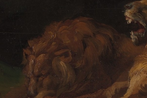 Its relaxed posture contrasts with the more active lions, suggesting a moment of peace or perhaps a deceptive calm.