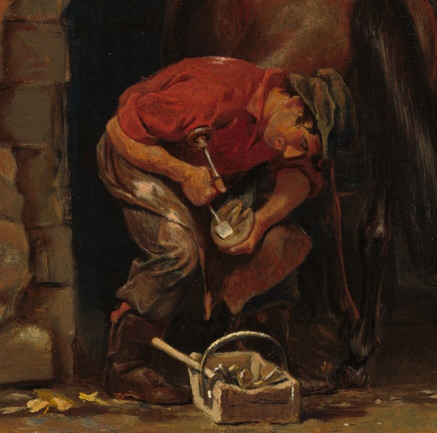 Here, a laborer bends to a horse's hoof, deeply focused.