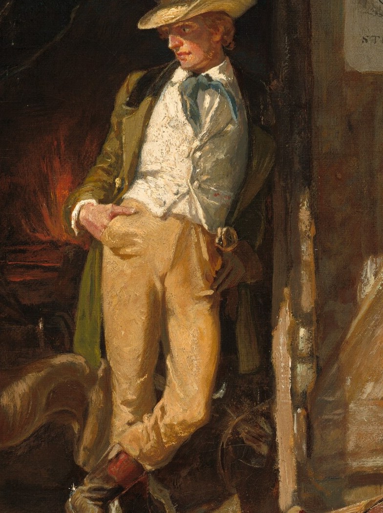 Nearby, a second figure stands in relaxed observation.