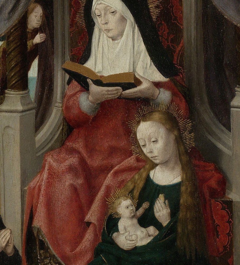 Saint Anne's serene expression and her role in presenting Jesus highlight her importance as the maternal grandmother.