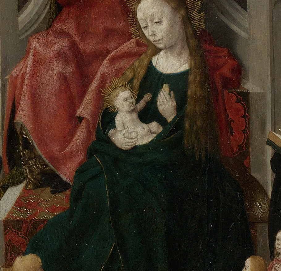 At the center, Mary cradles the infant Christ.