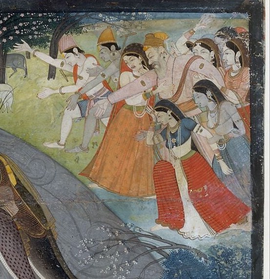 Six to eight women in vivid red, orange, blue, and yellow garments stacked vertically; their gesturing hands and compressed arrangement convey communal awe under threat.