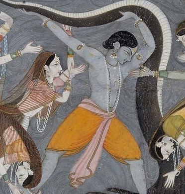 The blue-skinned deity is the narrative pivot , his raised-arm posture conveys effortless divine strength against the enormous dark mass above, making godhood visible at a glance.