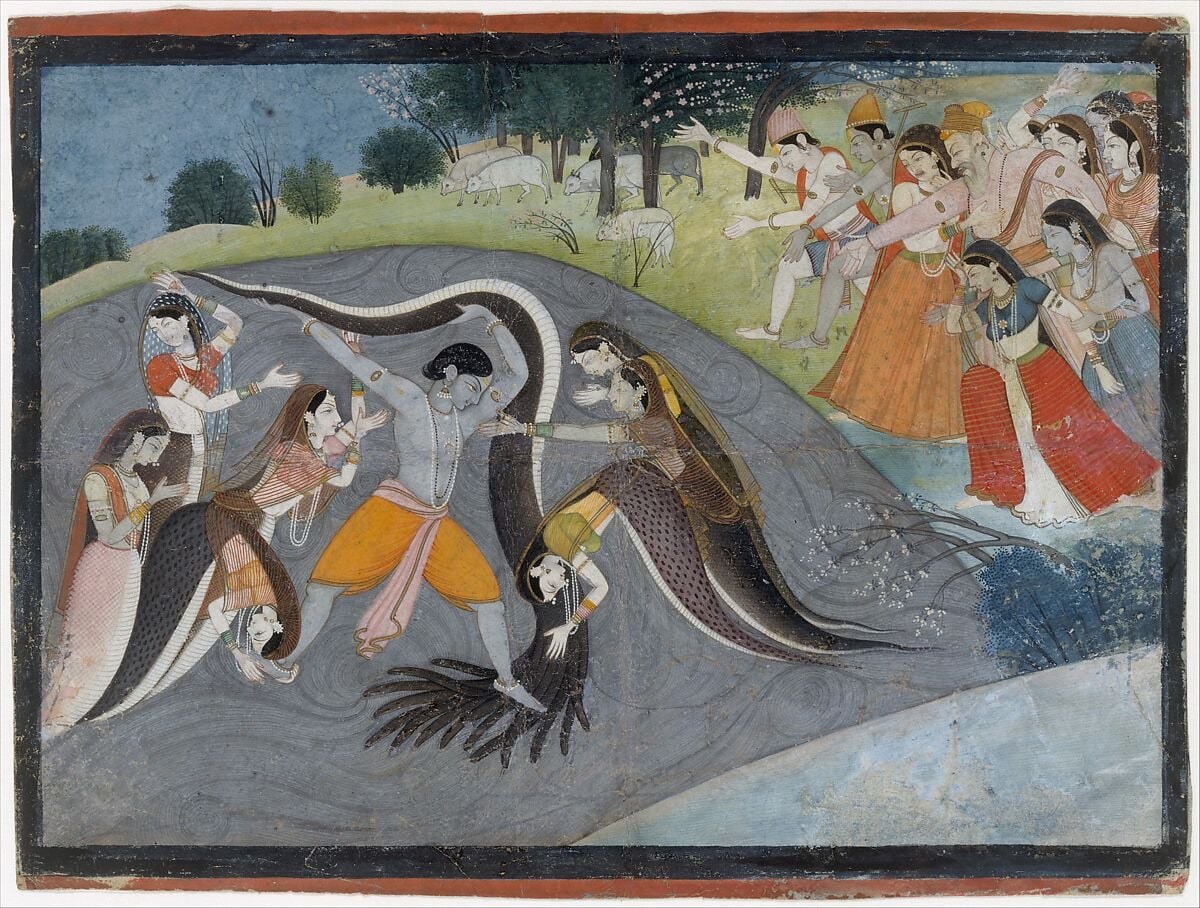 The warm orange line-border is a Punjab Hills workshop convention; it signals manuscript culture where painting and text shared a page, and it anchors the agitated interior scene in a calm frame.