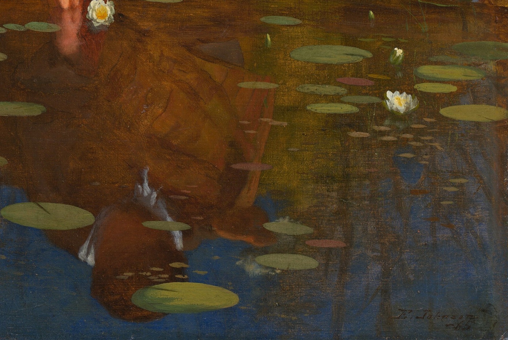 The scattered lily pads create a naturalistic pattern, grounding the scene in its aquatic setting.