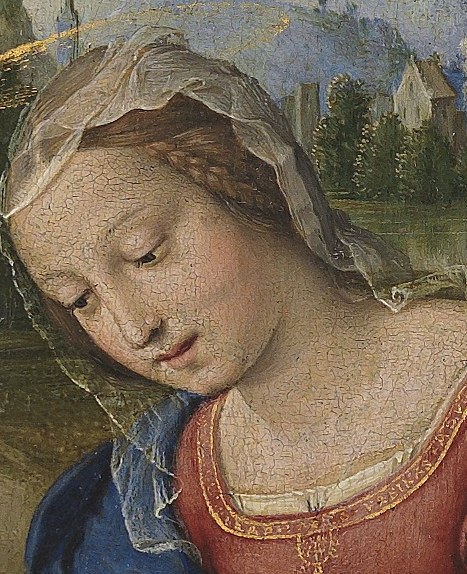 Her gentle expression conveys maternal love and a quiet acceptance of fate.