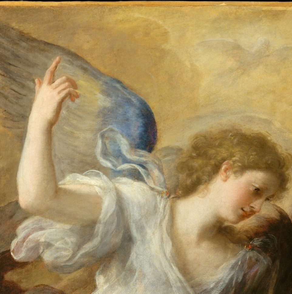 The angel's expression blends authority and tenderness , the pivot on which the entire theological moment turns.